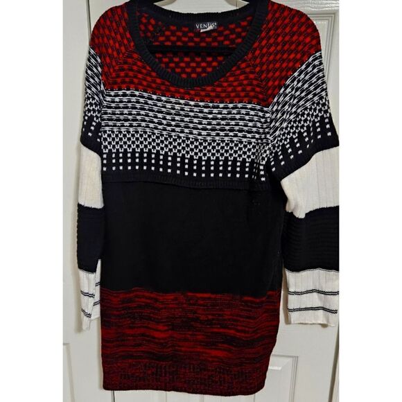 Women's Long Sweater by Venus/EUC/Size 1X/Red & Black Print - Picture 1 of 9